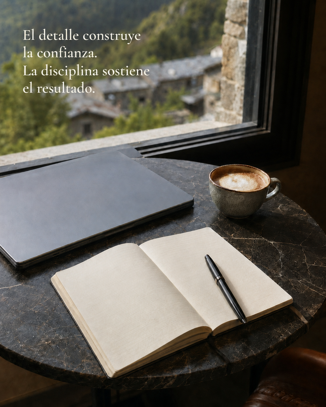 Mesa de trabajo frente a las montañas con la frase El detalle construye la confianza. La disciplina sostiene el resultado.